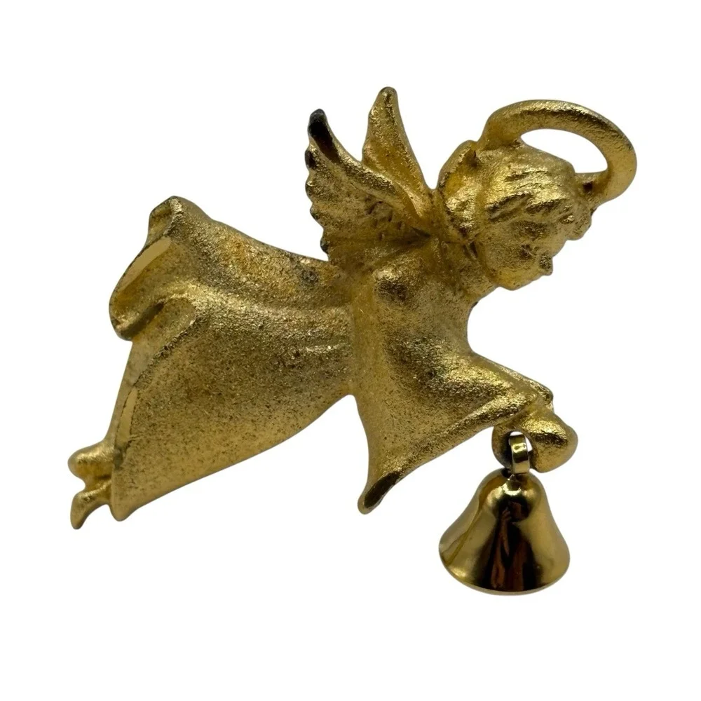 Flying Angel Brooch Pin w/ Bell Gold Tone Matte Textured VTG Religious Christian